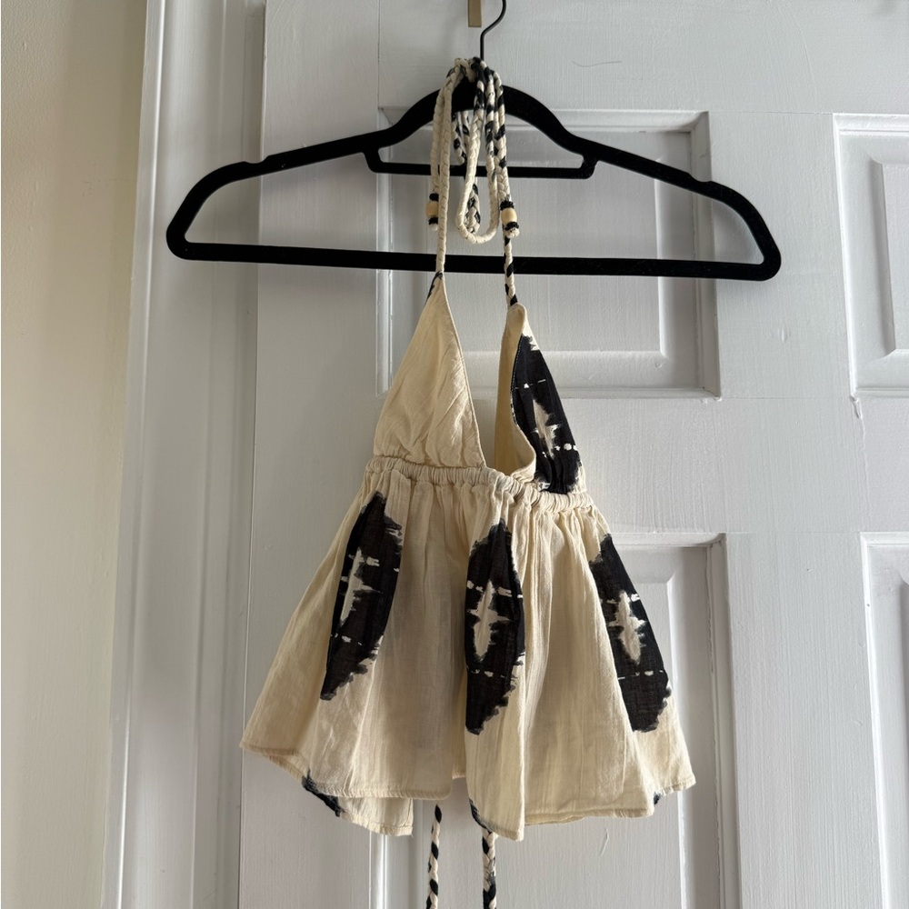 Zara Cream Halter Tank Top with Navy Pattern
